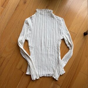 White Ribbed Lettuce-Edge Mock Neck Long Sleeve